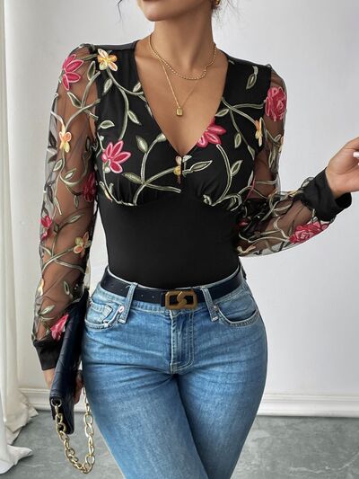 Perfee Embroidered V-Neck Bodysuit