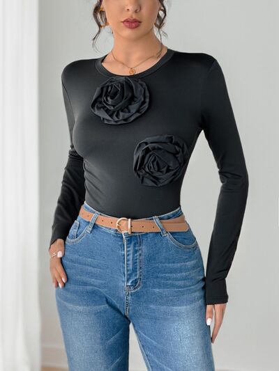 Perfee Flower Round Neck Long Sleeve Bodysuit
