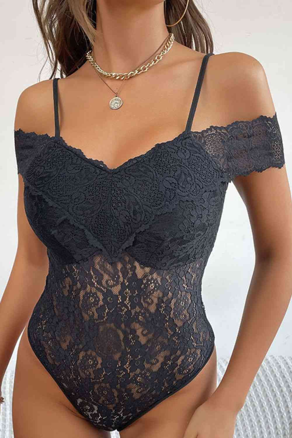 Perfee Lace Cold-Shoulder Bodysuit Back