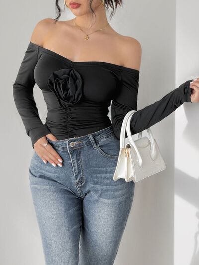 Perfee Ruched Flower Bodysuit