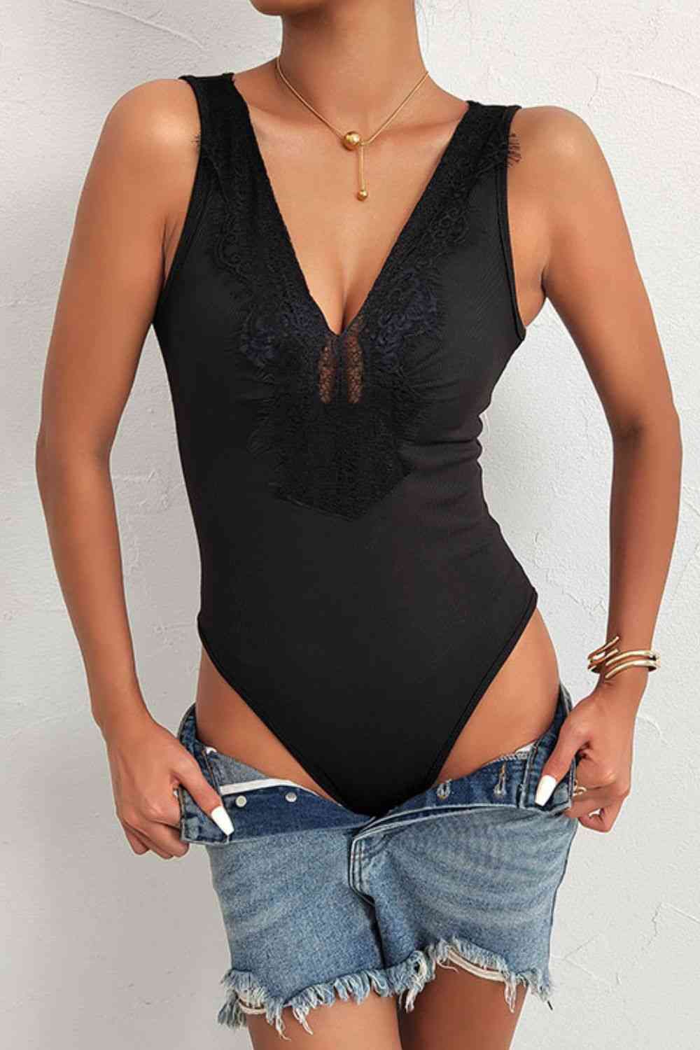 Perfee Spliced Lace Deep V Sleeveless Bodysuit
