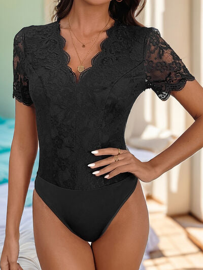 Perfee V-neck short sleeve lace bodysuit