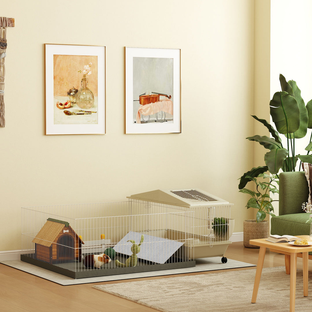 Pet cage in a living room with decor elements