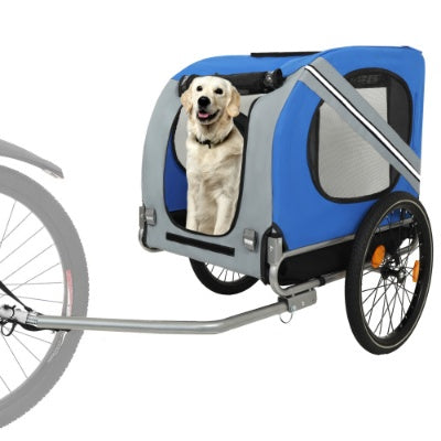 Pet carrier trailer for dogs suitable for camping trips in black blue