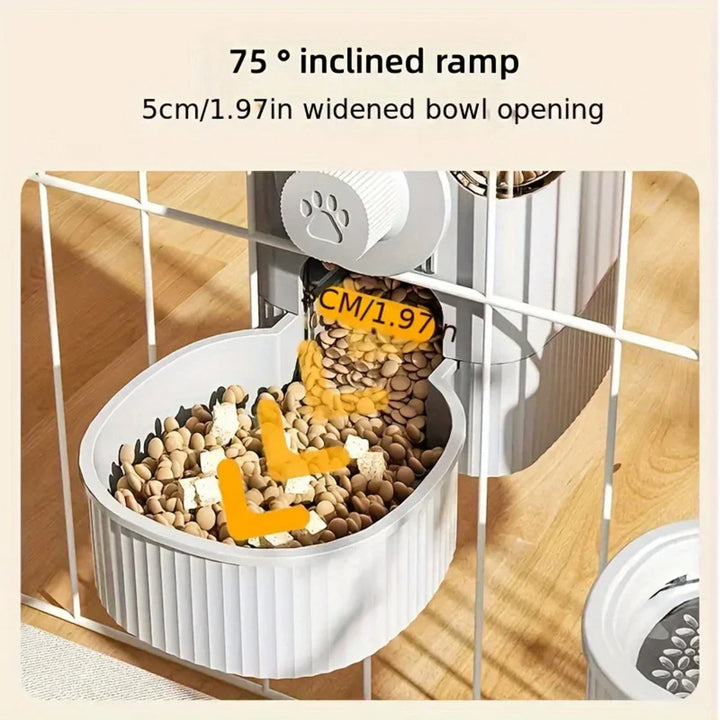 Pet feeder with 75 degree inclined ramp and widened bowl