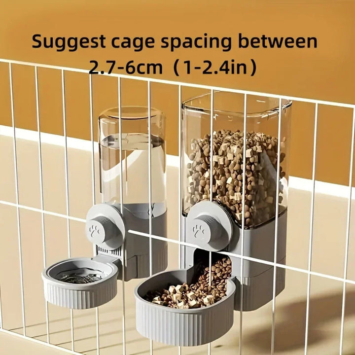 Pet feeding station with food and water bowls on a cage