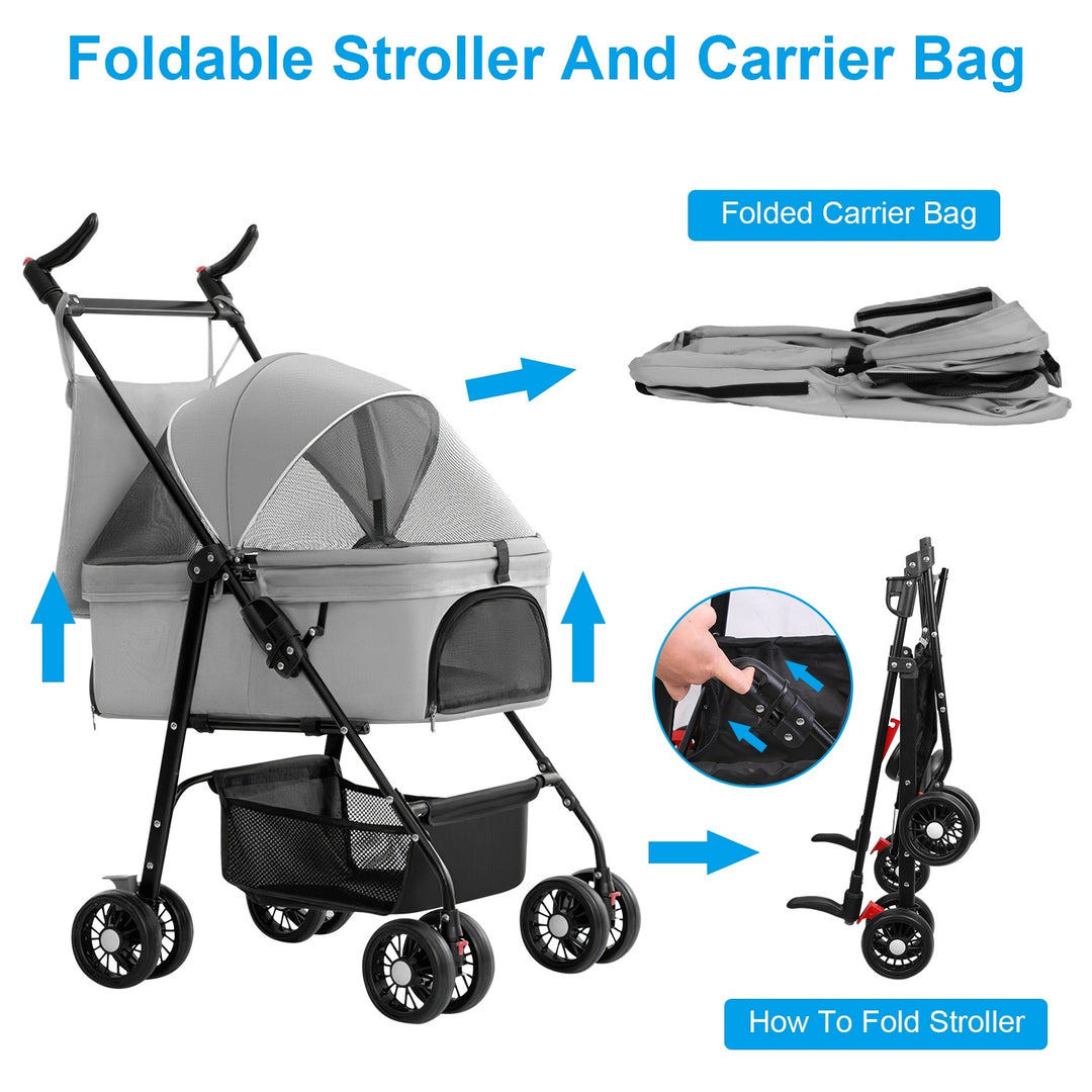 Pet stroller with storage basket