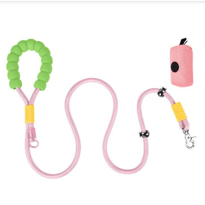 Pink dog leash with green handle and pink clip 