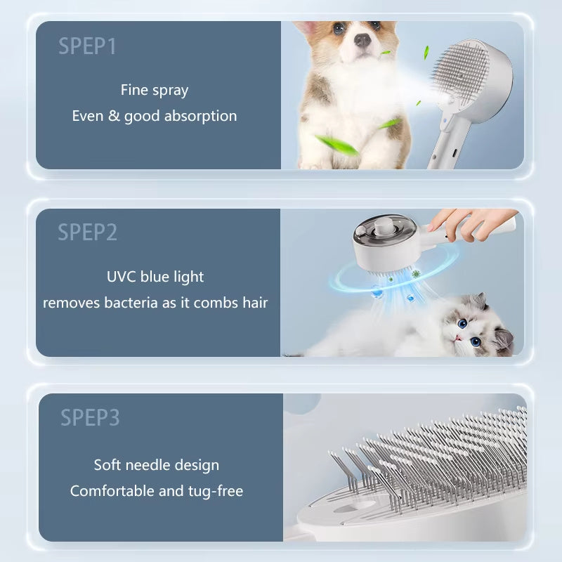 Product features with images of a dog UVC light, and comb