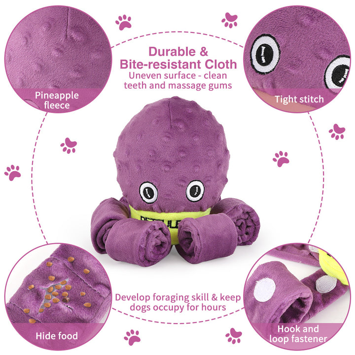 Purple octopus shaped dog toy with features highlighted