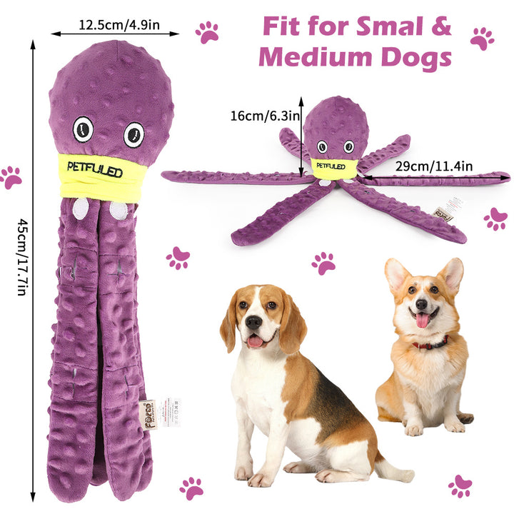 Purple octopus shaped dog toy with measurements