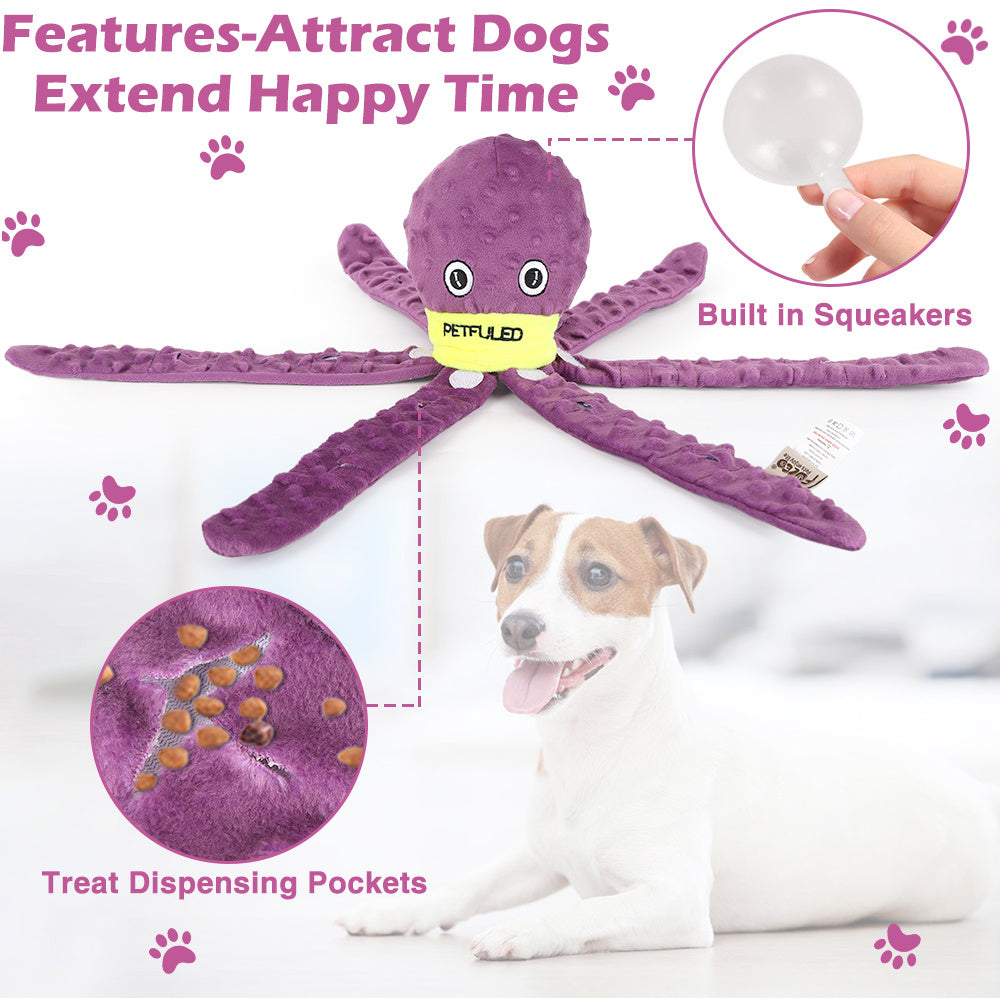 Purple octopus shaped dog toy with treat dispensing pockets 