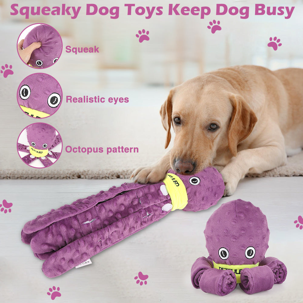 Purple octopus shaped toy dog playing 