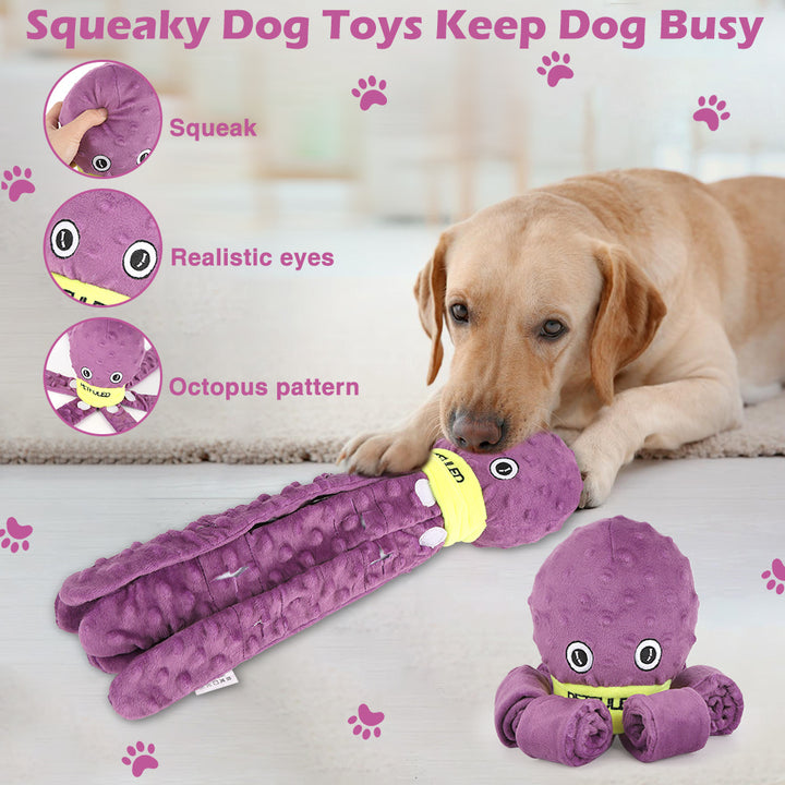 Purple octopus shaped toy dog playing 