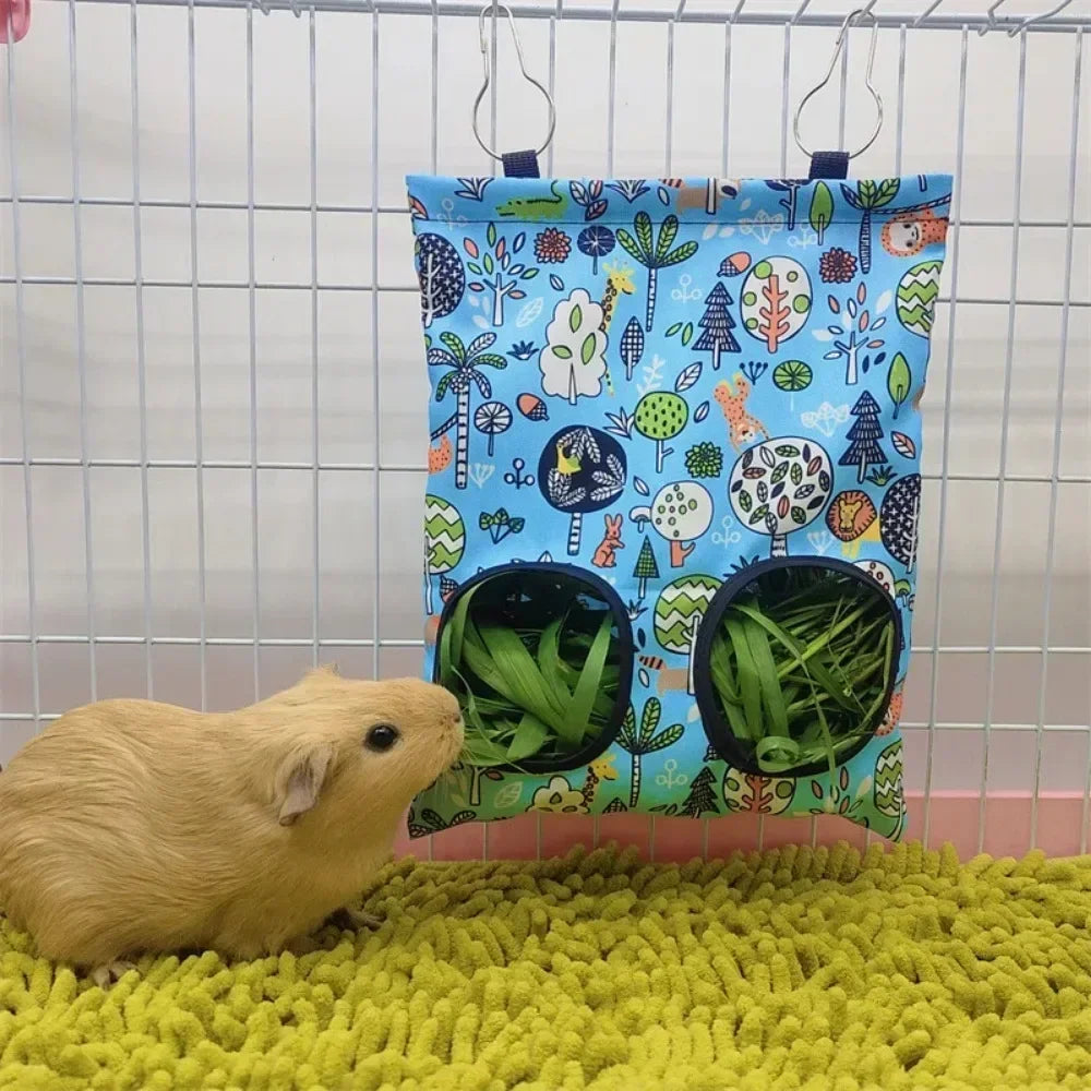 Rabbit food dispenser hanging hay bag.