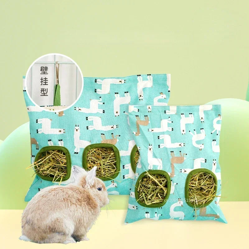 Rabbit hay bag with multiple holes.