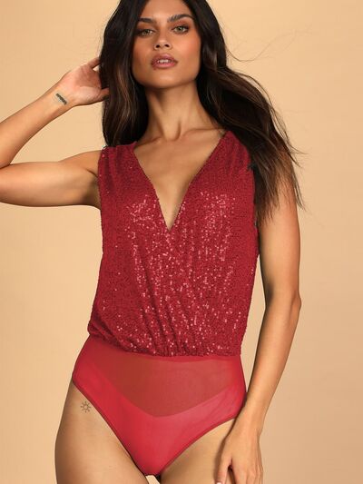 Red Sequin Surplice Bodysuit