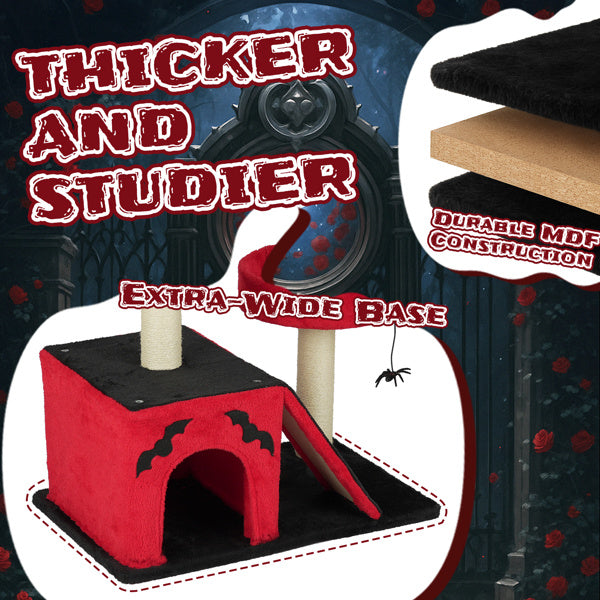 Red and black cat tree for large cats with scratching posts