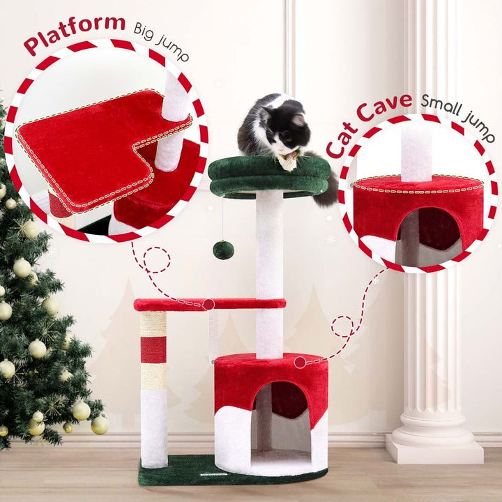Red and green holiday cat tower