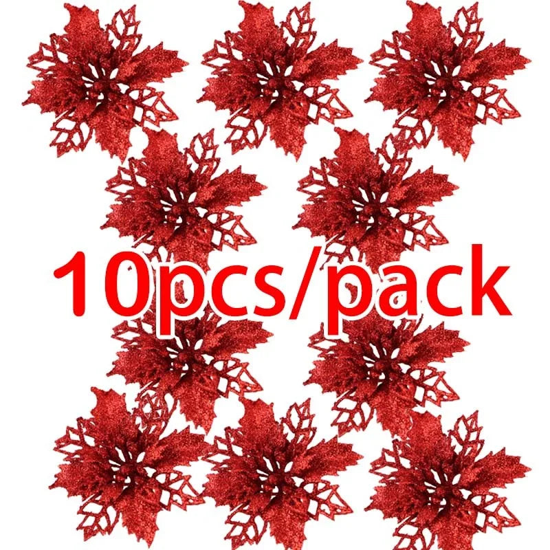 Red glitter artificial Christmas flower set