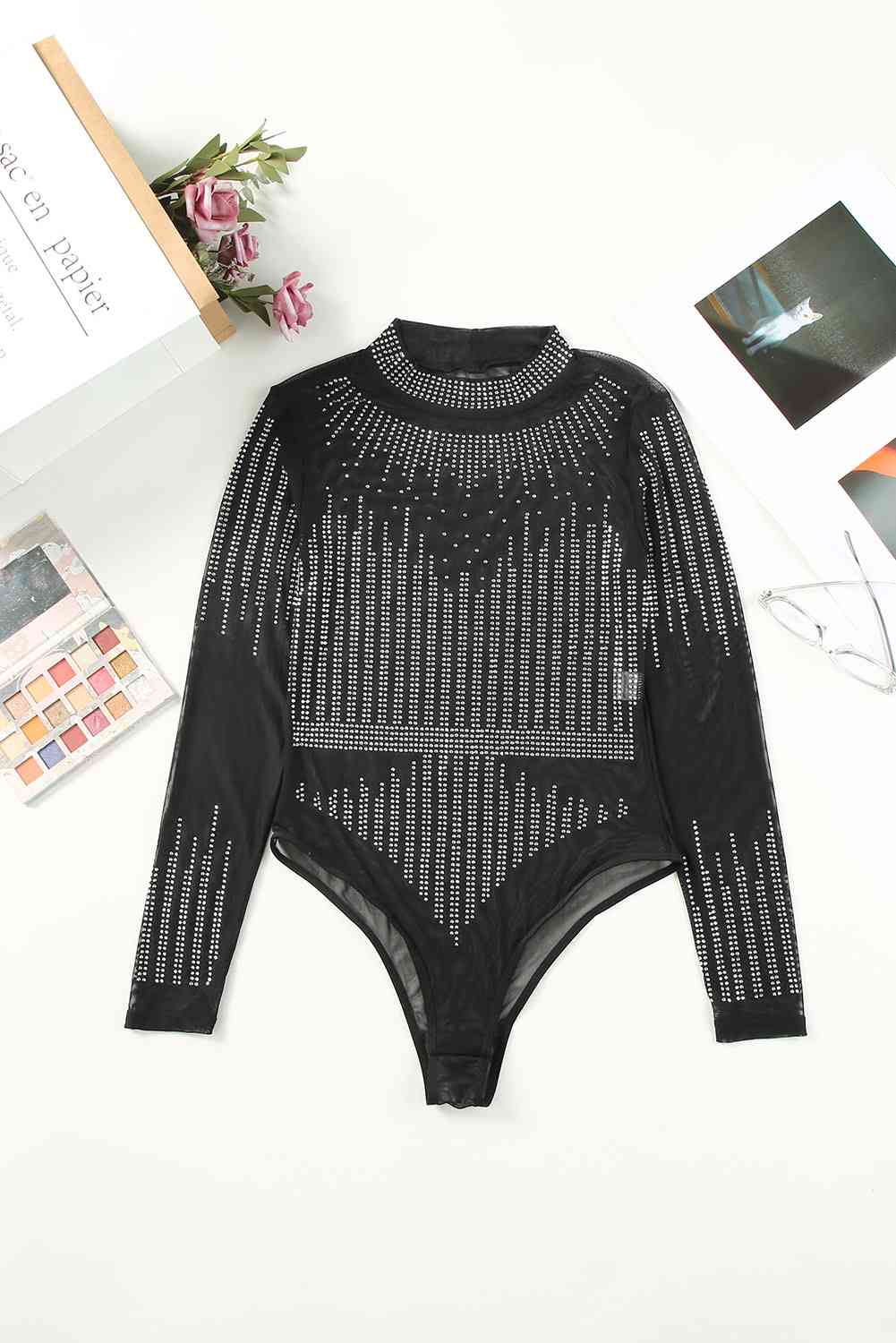 Rhinestone Round Neck Long Sleeve Bodysuit stylish 
