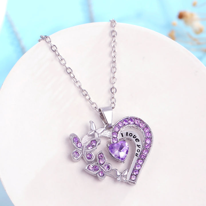 Rhinestone butterfly hollow heart necklace