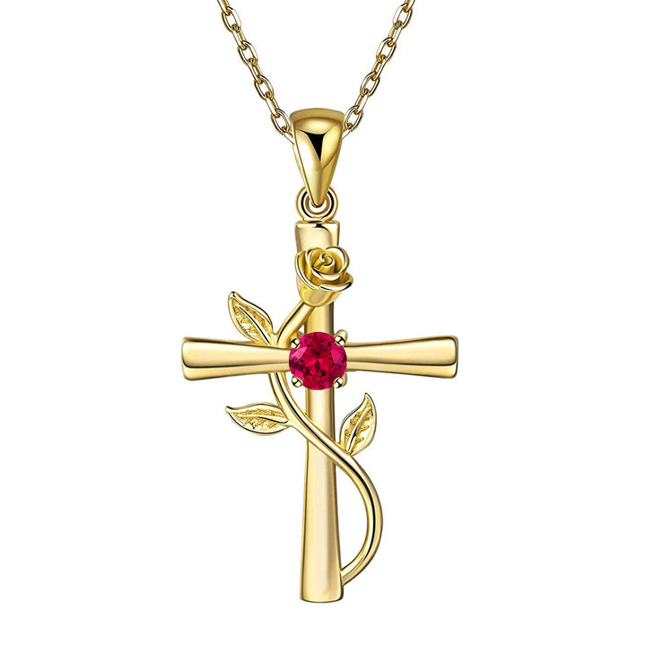 Rhinestone rose cross necklace women