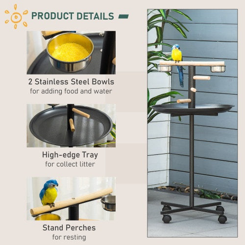 Rolling bird perch with food trays