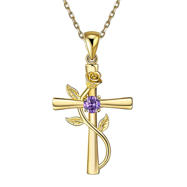  Rose cross necklace rhinestone pendant  purple stone