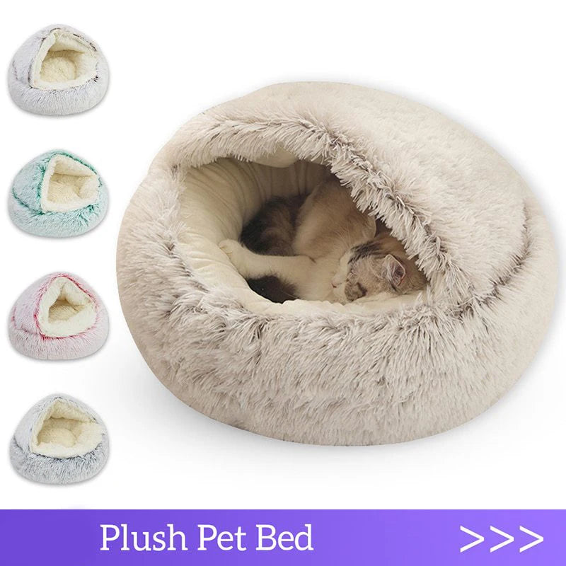 Round Plush Cat Bed with Cover