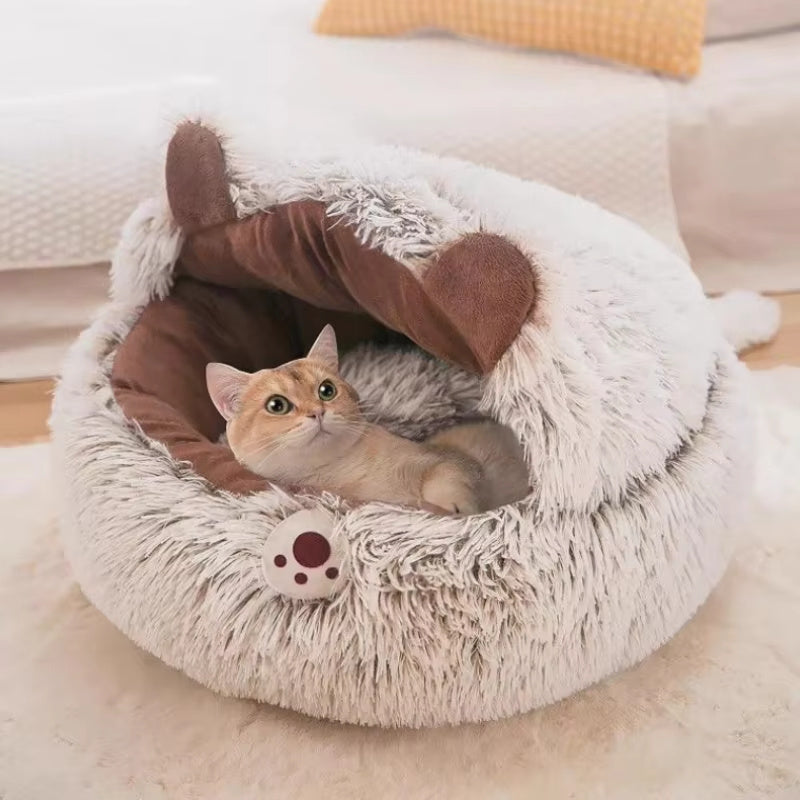 Round plush cat basket bed