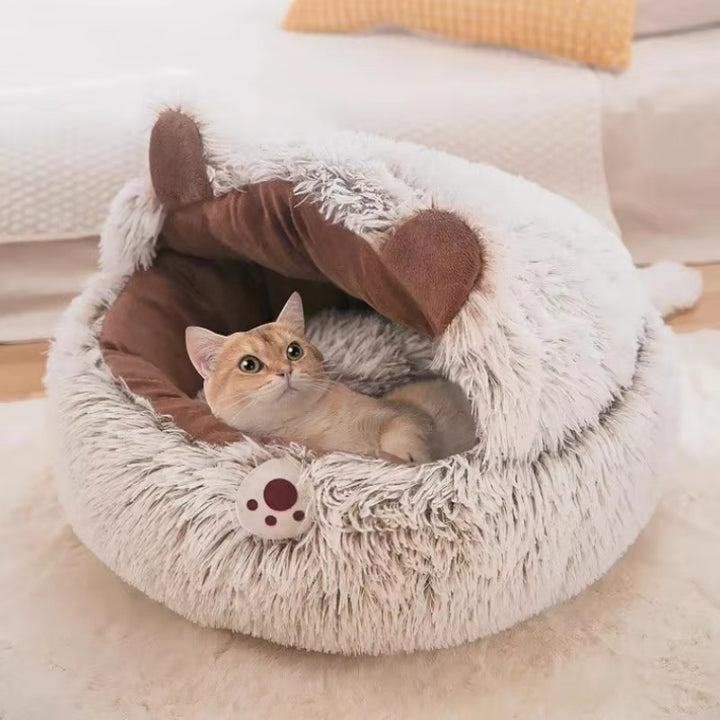 Round plush cat basket bed