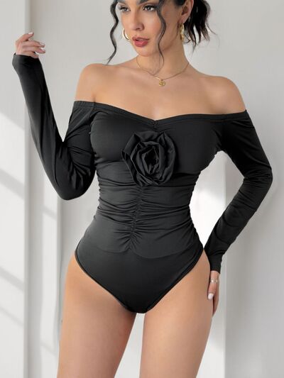 Ruched Flower Off-Shoulder Bodysuit