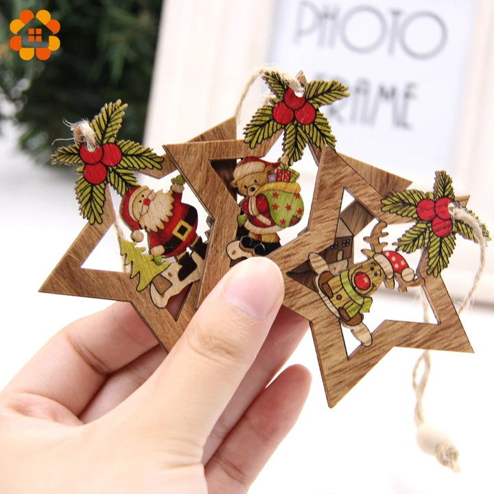 4PCS Christmas Star Wooden Pendants Ornaments Xmas Tree Ornament DIY Wood Crafts Kids Gift for Home Christmas Party Decorations