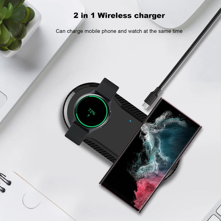 20W 2 in 1 Wireless Charger Pad For Phones, Samsung Galaxy Watch & Air Pods | Smart Fast Universal Charger for With Active Buds Dual Fast Charging Dock Station (No Adapter)