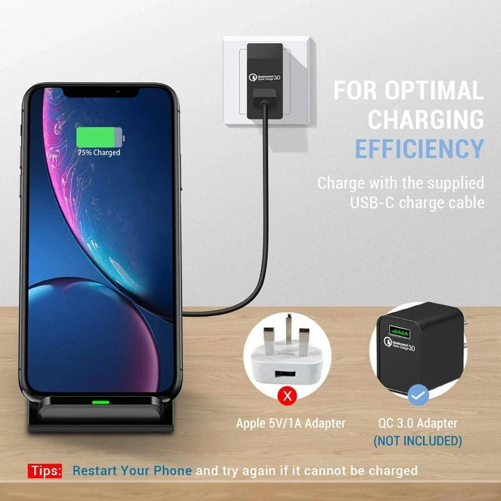 NEW 65W Fast Universal Wireless Charger Stand | Certified Wireless Charger for Samsung S22 S21 Note 20 Fast Charging Stand For iPhone 14 13 12 11 XS XR X 8 AirPods Pro & Google Phones (No Adapter)