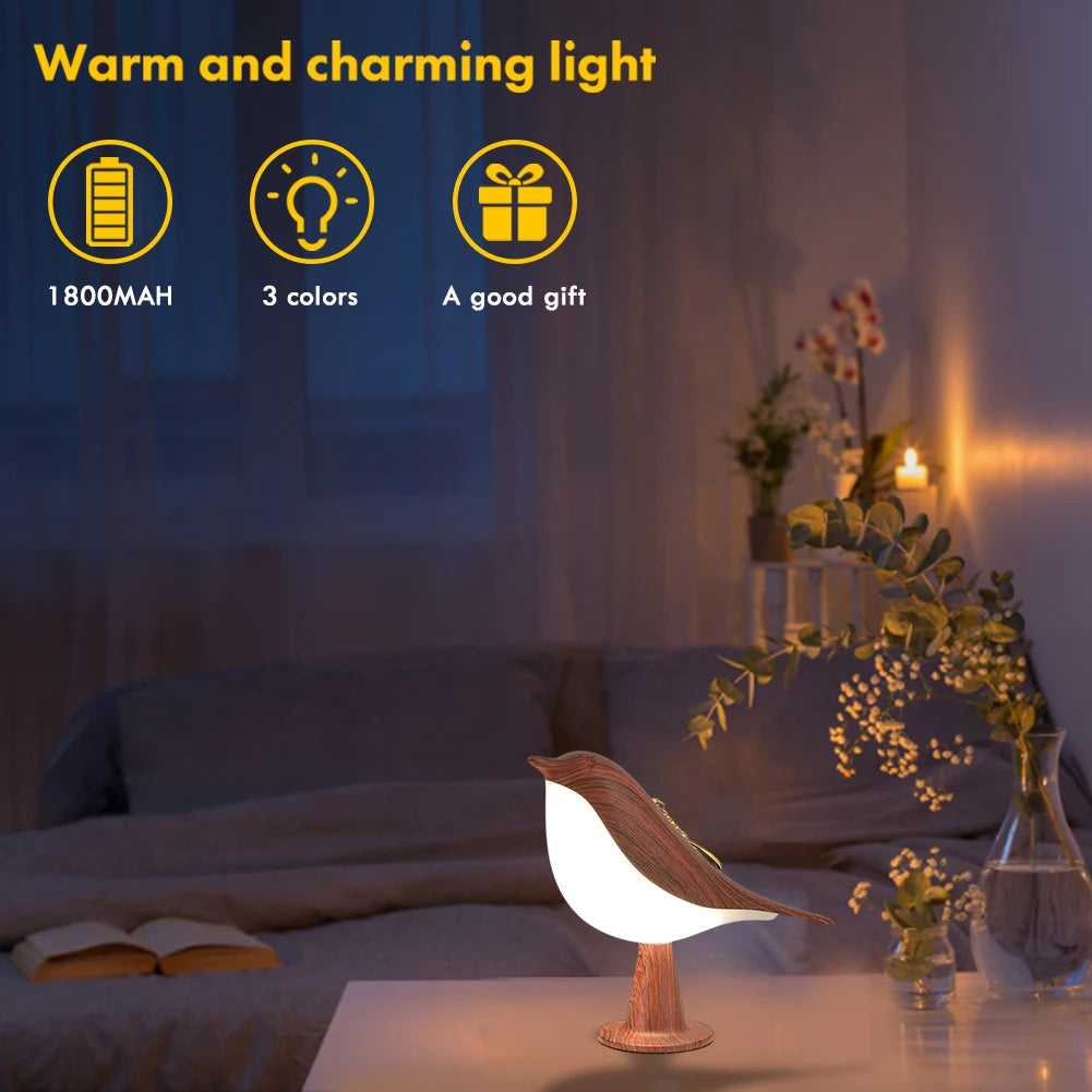 Modern Simple Magpie LED Bedside Lamp - Touch Control, Cordless Wooden Bird Night Light