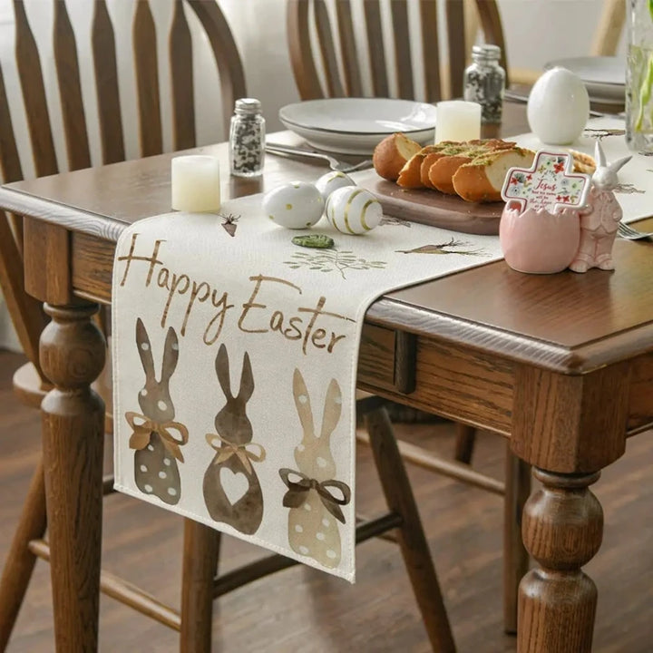 Linen Easter Table Runner Cute Bunny Dining Table Cloth 2024 Spring Holiday Happy Easter Decoration For Home Party Supplies Gift