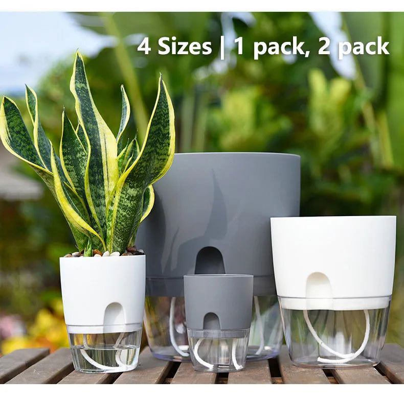 Transparent Double Layer Plastic Flower Pot Self Watering Planter with Injection Port