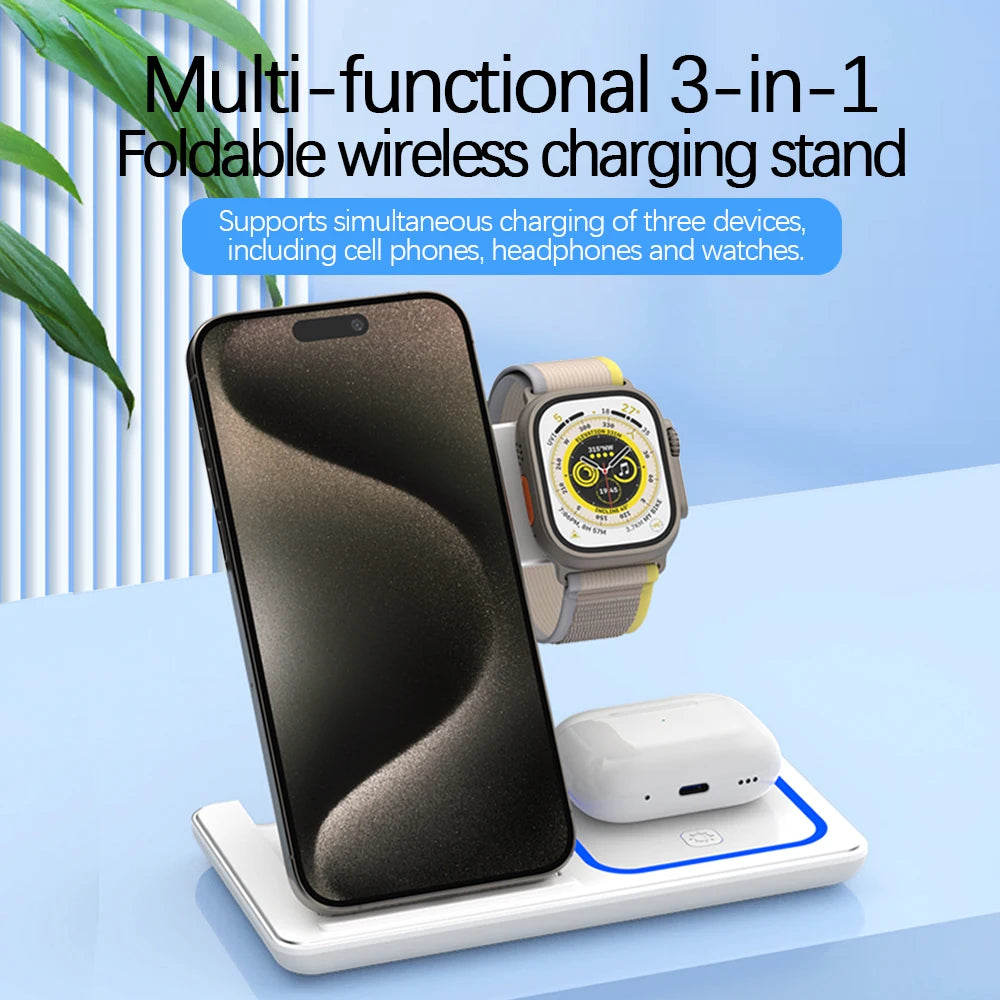 30W LED Portable Fast Wireless Charger Stand 3 in 1 | Foldable Universal Cell Phone Charging Station | Apple Watch 9 8 7 6 5 Airpods Pro (NOT For Samsung Watch & Bud)