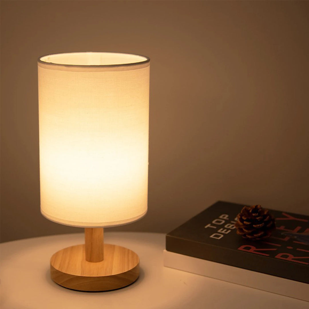 Touch Control LED Linen Table Lamp - Warm White Light, USB Powered Wooden Nightstand Lamp