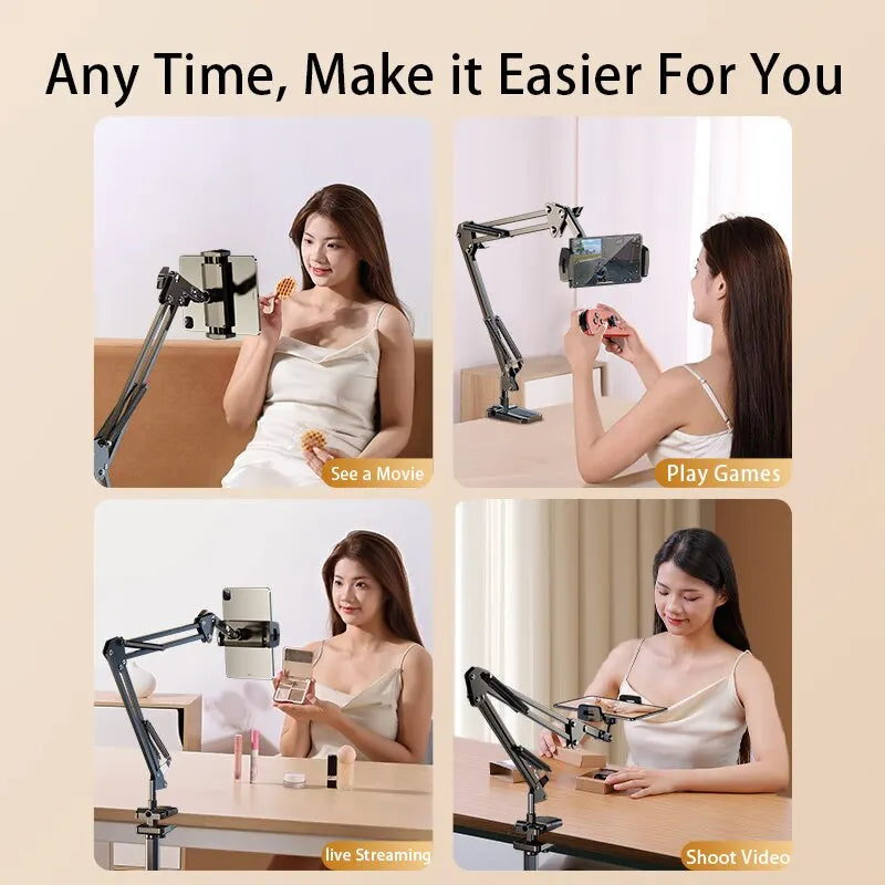 360 Degree Rotatable Tablet & Phone Stand With Long Metal Adjustable Arm For iPad, iPhone etc.