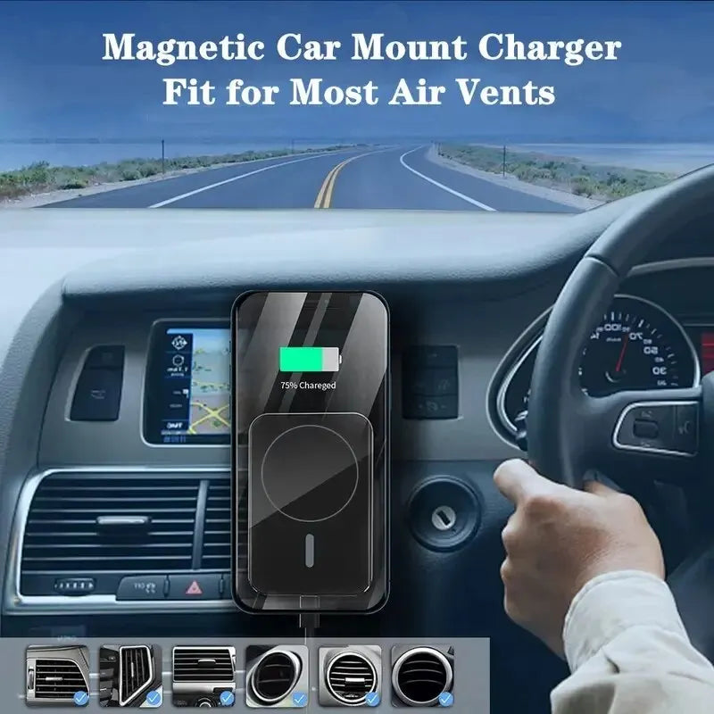 30W Fast Wireless Magnetic Car Charger For iPhone 15 14 13 12 Pro Max Mini, Other Magsafe Models | Air Vent Phone Holder Mount | Magsafe Charging Station | Magnetic Ring for Non Magsafe Phones