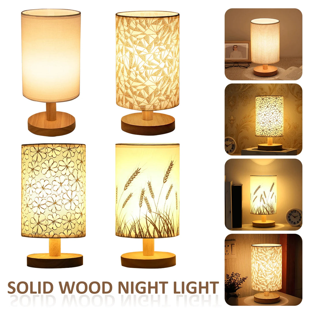 Touch Control LED Linen Table Lamp - Warm White Light, USB Powered Wooden Nightstand Lamp