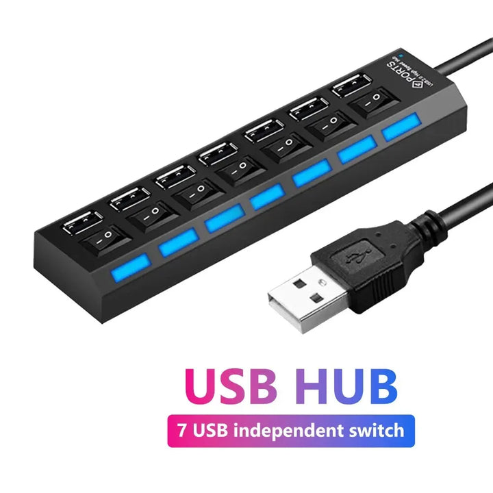 USB 2.0 Hub, Multi USB Splitter, Ports Hub Use Power Adapter 4/ 7 Ports, Multiple Expander Hub with Switch 30CM Cable For Home & Office