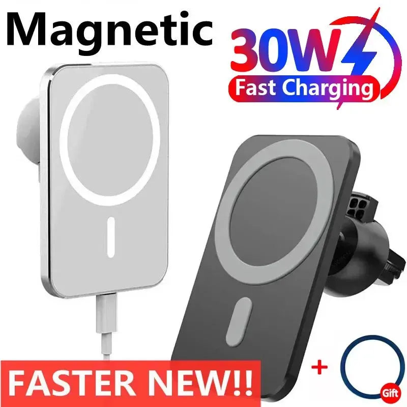 30W Fast Wireless Magnetic Car Charger For iPhone 15 14 13 12 Pro Max Mini, Other Magsafe Models | Air Vent Phone Holder Mount | Magsafe Charging Station | Magnetic Ring for Non Magsafe Phones