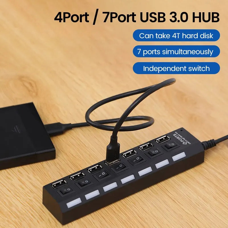 USB 2.0 Hub, Multi USB Splitter, Ports Hub Use Power Adapter 4/ 7 Ports, Multiple Expander Hub with Switch 30CM Cable For Home & Office