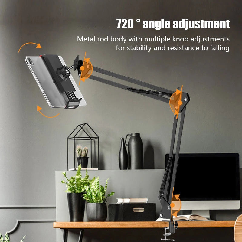 Long Arm Phone Holder with 360-degree Rotation, Overhead Stand With Cantilever Bracket for Tablets, iPads, Iphone, and Other Cell Phones