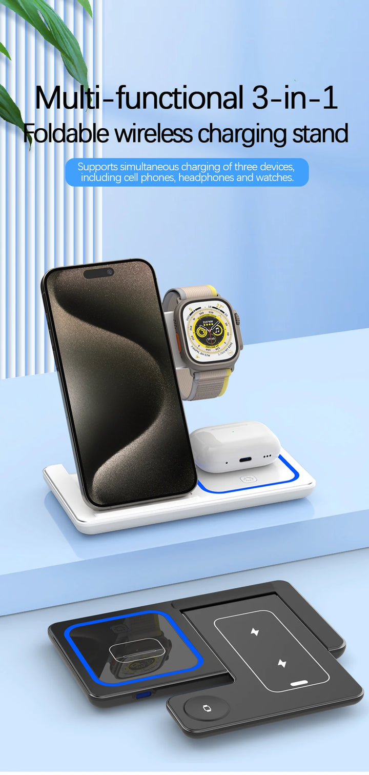 30W LED Portable Fast Wireless Charger Stand 3 in 1 | Foldable Universal Cell Phone Charging Station | Apple Watch 9 8 7 6 5 Airpods Pro (NOT For Samsung Watch & Bud)