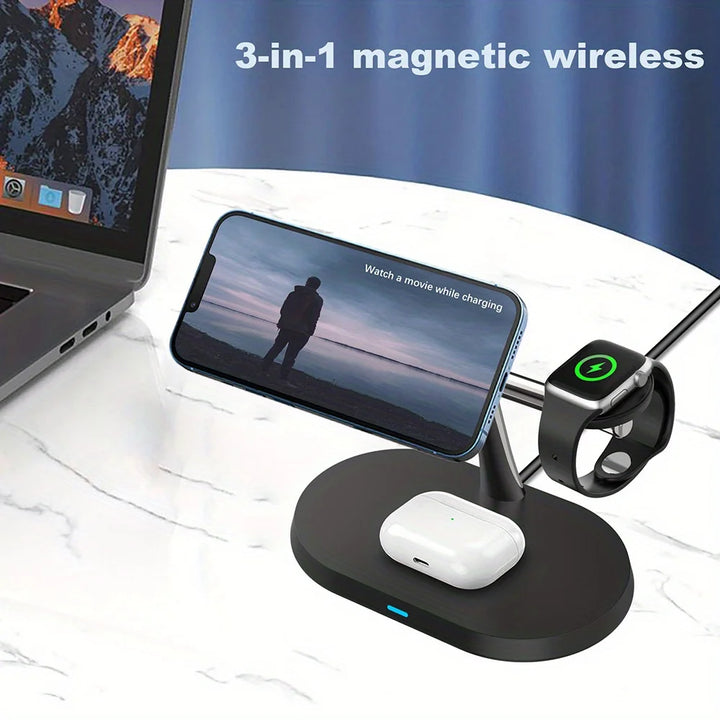 100W Magnetic Wireless Charger Stand For iPhone 15 14 13 Pro Max | Apple Watch 8 7 6 | AirPods 3 In 1 Magsafe Fast Charging Station